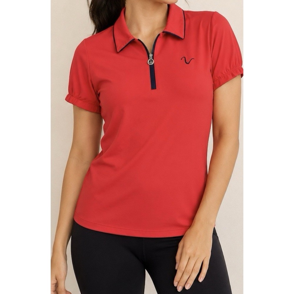 KINONA Women's Golf Polo Shirt M Red/Navy Short Sleeve Zip Stretch Poly/Spdx